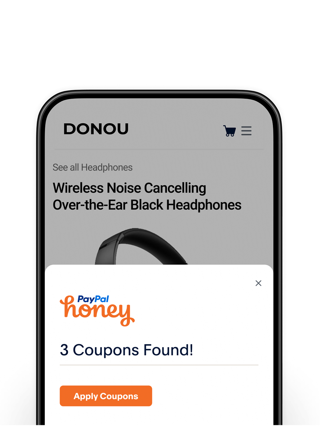 Mobile screen of 3 PayPal Honey coupons found for a pair of noise cancelling headphones