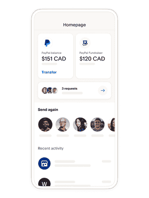 A mobile phone showing a digital wallet home screen, tiles showing different ways you can manage your money on the PayPal app