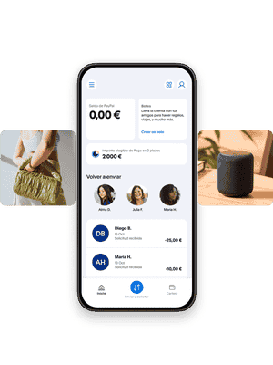 Teléfono móvil que muestra el saldo de PayPal con cuadros de diferentes artículos para comprar