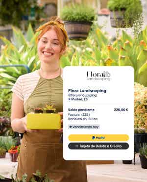 Mujer con un delantal verde sosteniendo una caja amarilla de suculentas frente a muchas plantas; mosaico de una factura de una empresa de jardinería