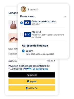 Tuile du récapitulatif de la commande d'un client ; vignette d'un client PayPal choisissant de payer avec PayPal sur le site Web d'une entreprise
