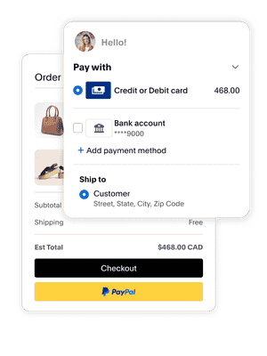 Alternativ för PayPal-betalning visas som betalning för en väska och skor