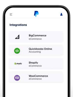 Desktop screen with the PayPal POS app open and Integrations tab selected; 4 integrations listed including Shopify