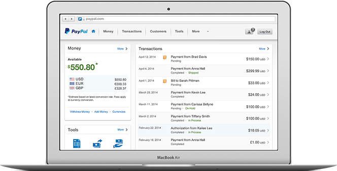 A laptop screen displaying a PayPal account menu.